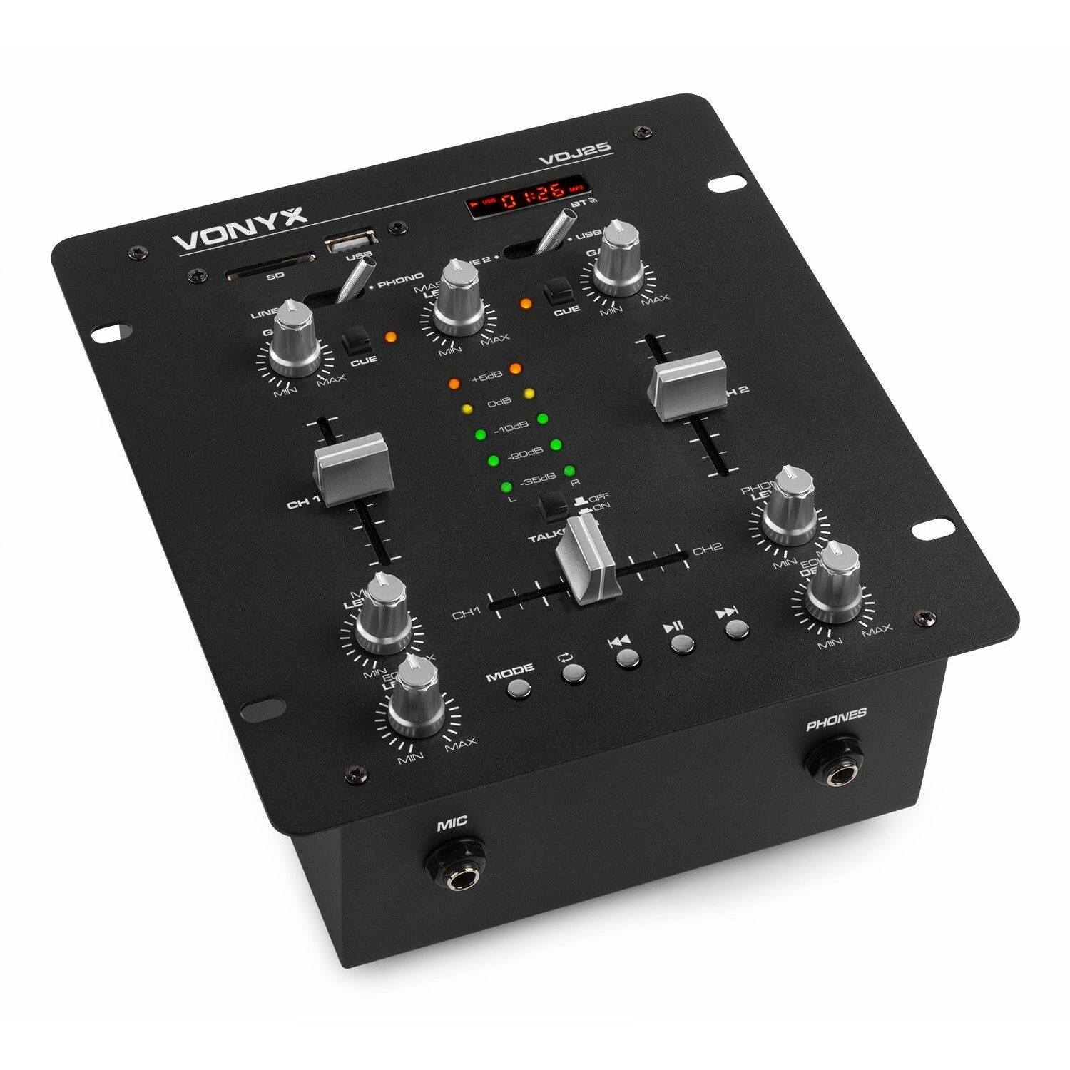 Vonyx VDJ25 DJ mixer met 2x 50W versterker en Bluetooth