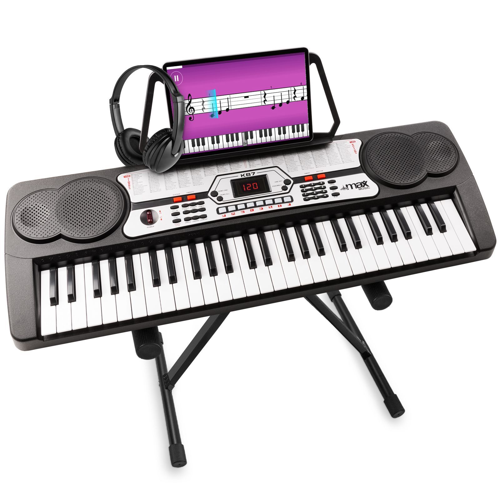 Keyboard piano - MAX KB7 keyboard met 54 toetsen, keyboard standaard en koptelefoon - Perfect instapmodel - Zwart