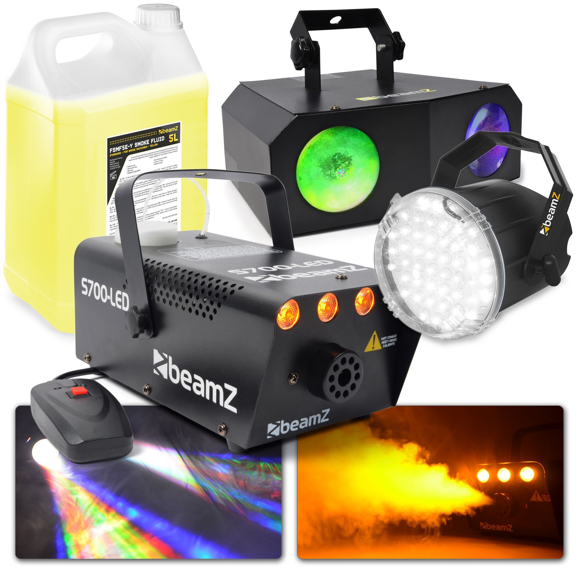 Feestverlichting - BeamZ Party pack XL partyverlichting met BeamZ Nomia lichteffect, stroboscoop en rookmachine met rookvloeistof