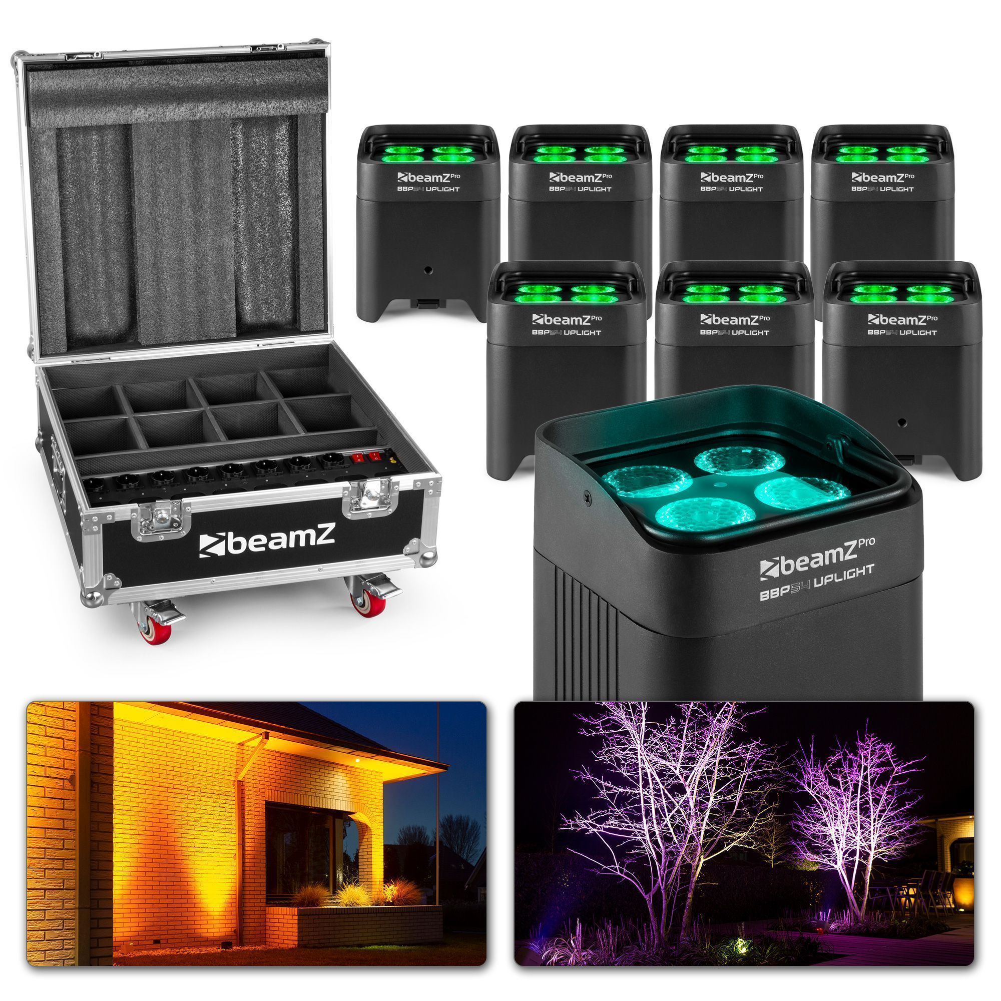 BeamZ BBP54 set van 8 uplights met 8 extra accu&apos;s + flightcase met