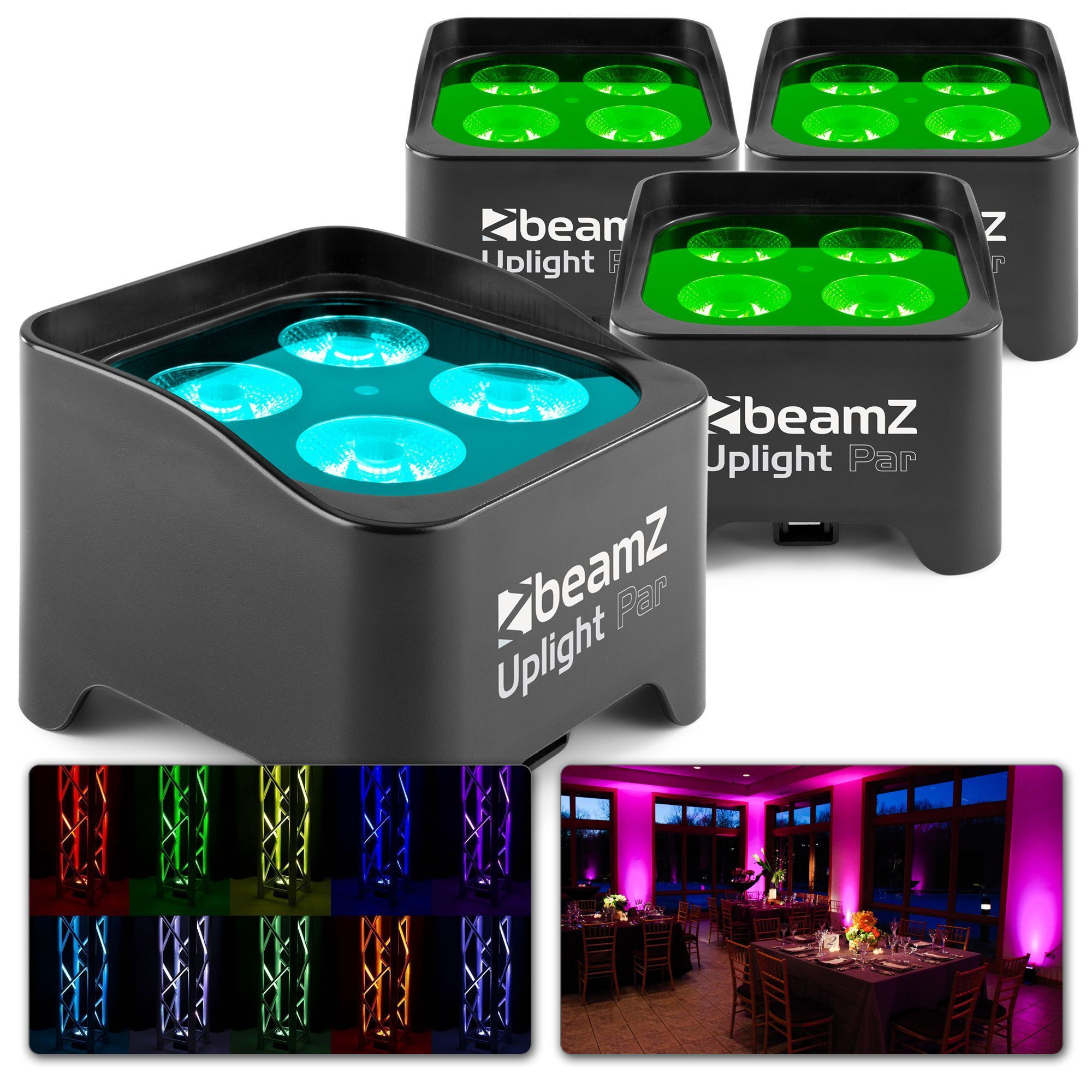 Uplighter - Set van 4 BeamZ BBP90 Uplights met 4 x 4W LED's en ingebouwde accu - Incl. afstandsbediening