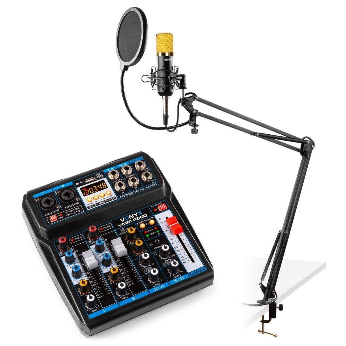 Vonyx Dual Mic Podcast Kit with Mixer, Headphones & Stand