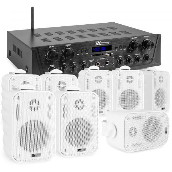 Power Dynamics PV240BT geluidsinstallatie - 8 BGO30 witte opbouw speakers - 4-zone versterker - Bluetooth kopen?