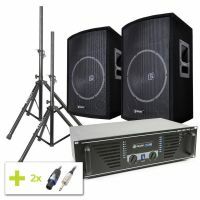 SkyTec 1000W disco installatie met versterker, 15" speakers en stands