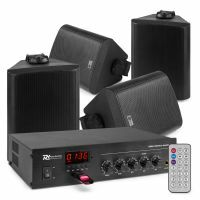 Power Dynamics 100V Bundelset met 4 zwarte weerbestendige 5 inch opbouw speakers